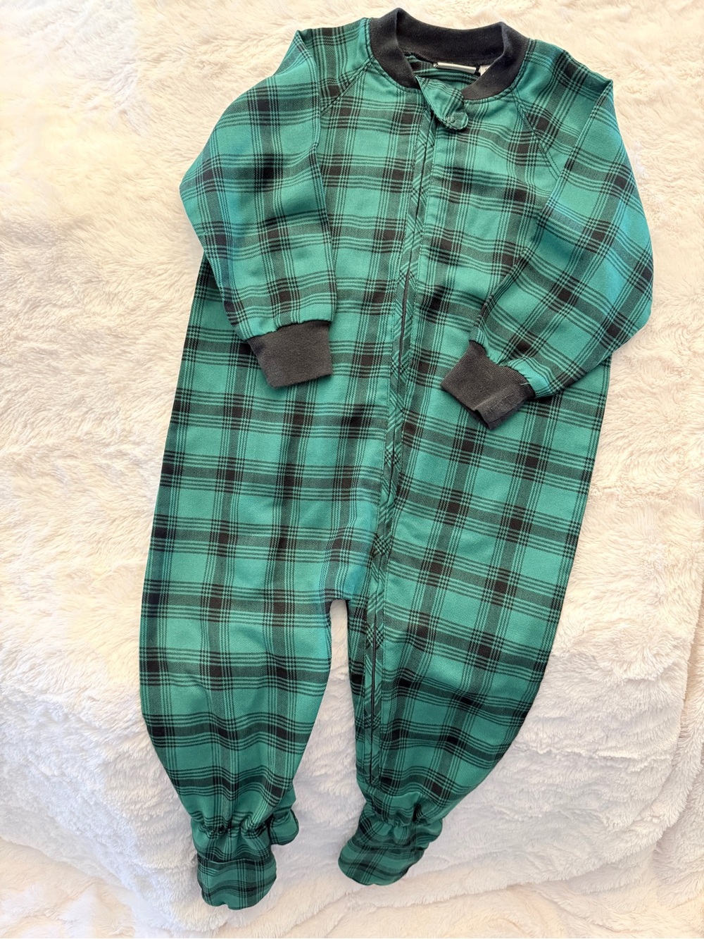 LL Bean Toddler Boys 3T Green Plaid Zipper Sleeper Pajamas EUC footed B